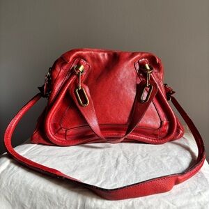 Chloé Medium Paraty - Raspberry Red Calfskin Satchel Bag w/Strap - Made in Italy